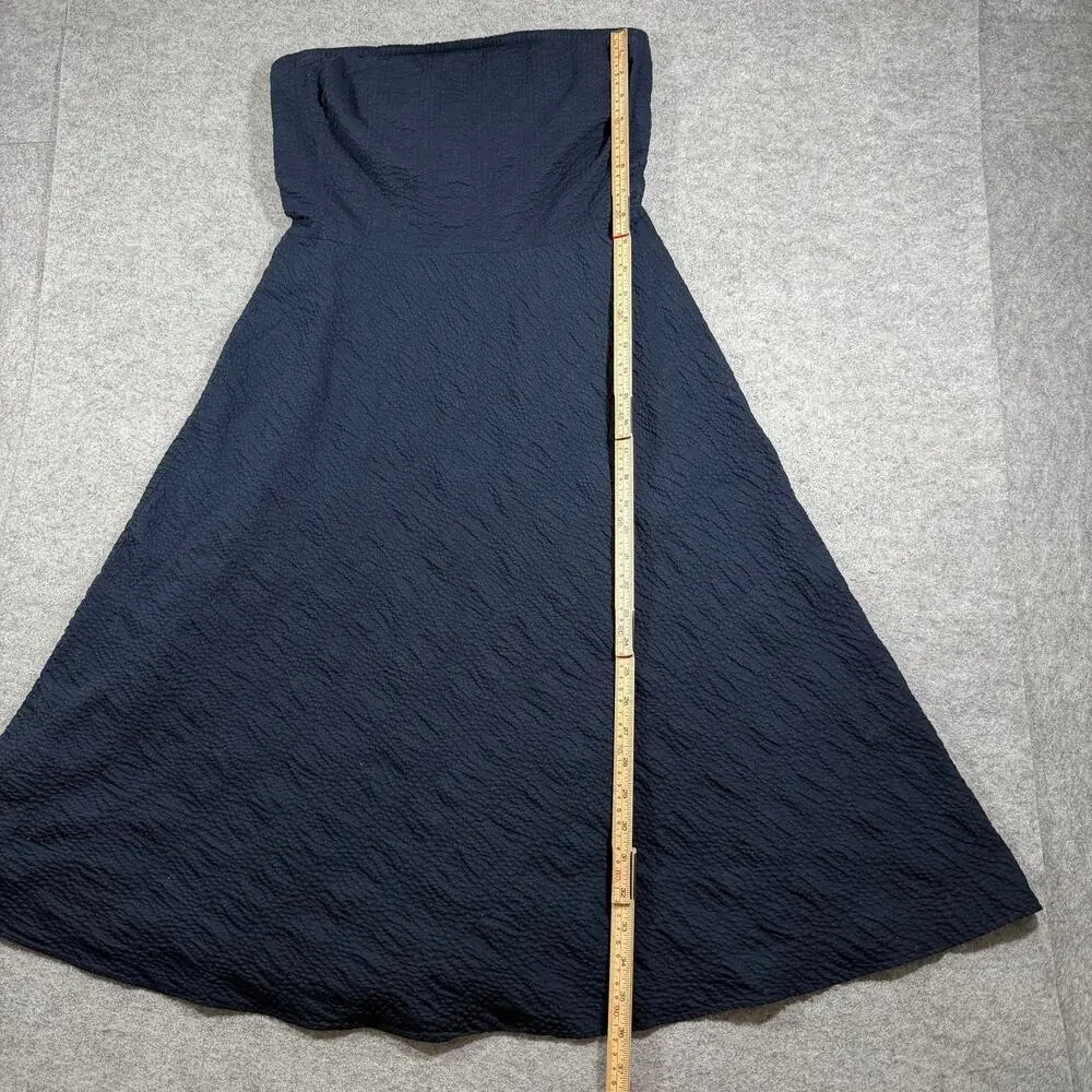 J.Crew Strapless Dress Womens 8 Navy Cotton Seersucker Sweetheart Midi Flare